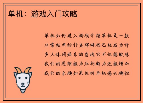 单机：游戏入门攻略